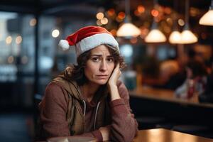 ai gegenereerd van streek volwassen eenzaam vrouw in rood de kerstman hoed gevoel verdrietig alleen zittend in kroeg, pech Kerstmis vakantie foto