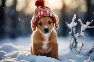 ai gegenereerd verdrietig schattig puppy in een gebreid warm hoed zittend alleen in een besneeuwd Woud Aan een winter dag en op zoek Bij camera foto