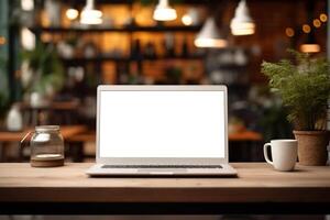 ai gegenereerd voorkant visie van een laptop mockup staand Aan een coworking tafel, met een wit blanco scherm in een cafe zolder interieurs, binnenshuis foto