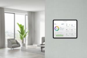 tablet wordt weergegeven energie consumptie en apparaat analyse in huis Aan muur met leven kamer achtergrond. concept van slim huis technologie foto