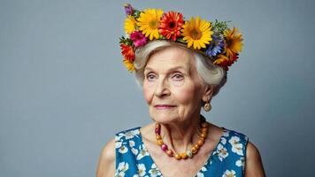 ai gegenereerd ouderen Dames met een bloem kroon foto