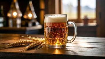 ai gegenereerd bier in mok en Wheet Aan houten tafel en achtergrondverlichting foto