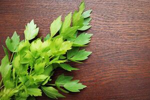 vers groen bladeren van lavas of levisticum officinale Aan een houten bord foto