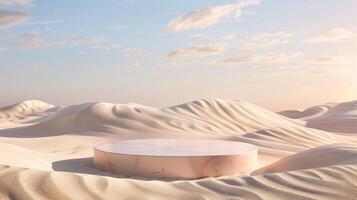 ai gegenereerd houten ronde podium in de woestijn. foto