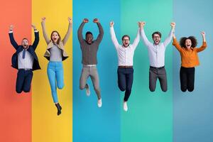 ai gegenereerd groep van multiraciaal mensen in pakken jumping in de lucht Aan kleurrijk achtergrond foto