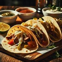 ai gegenereerd Mexicaans taco's met groenten en sauzen Aan de tafel, zacht verlichting foto