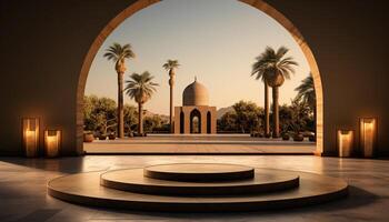 ai gegenereerd een ronde podium onder een boog met palm bomen en een moskee in de achtergrond foto