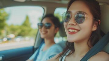 ai gegenereerd twee jong Aziatisch Dames hebben pret zingen een lied in de auto Aan een dag reis in de zomer, het beste vrienden het rijden in de omgeving van de platteland foto