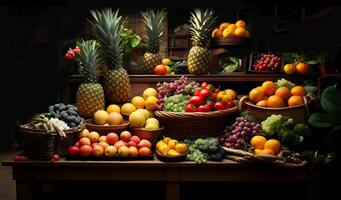 ai gegenereerd divers heerlijk gezond fruit meerlagig in houten stijl in een winkel foto
