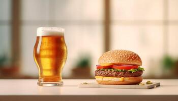 ai gegenereerd versheid en snelheid Bij de kroeg gegrild hamburger, verkoudheid bier gegenereerd door ai foto