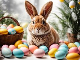 ai gegenereerd natuurlijk realistisch schattig Pasen konijn met veelkleurig eieren en voorjaar bloemen, een traditioneel vakantie kaart. ai gegenereerd foto
