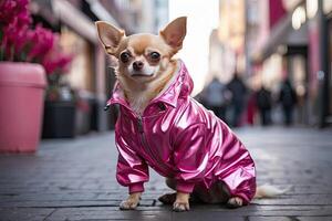 ai gegenereerd een chihuahua vrouw hond in een roze glimmend glamoureus jasje Aan een stad straat. hond mode, dier kleding. ai gegenereerd foto