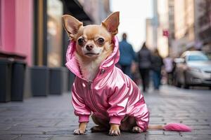 ai gegenereerd een chihuahua vrouw hond in een roze glimmend glamoureus jasje Aan een stad straat. hond mode, dier kleding. ai gegenereerd foto