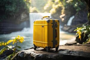 ai gegenereerd een geel koffer Aan de achtergrond van een waterval in de regenwoud. reis, trekking tour naar wild, exotisch plaatsen, toerisme, buitenshuis activiteiten. ai gegenereerd foto