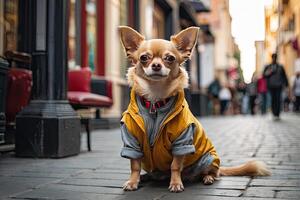 ai gegenereerd een chihuahua hond in een warm hoody jasje Aan een stad straat. hond mode, dier kleding. ai gegenereerd foto