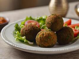 ai gegenereerd falafel ballen en vers groenten Aan de bord, houten achtergrond. foto