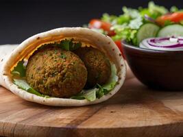 ai gegenereerd falafel en vers groenten in pita brood Aan houten tafel foto