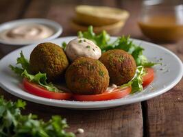 ai gegenereerd falafel ballen en vers groenten, Aan de bord, houten achtergrond. foto