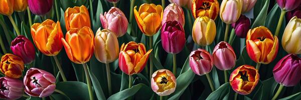 ai gegenereerd veelkleurig tulpen in een bloem winkel - vers levering van besnoeiing bloemen voor voorjaar vakantie, bloemen winkel venster. ai gegenereerd foto