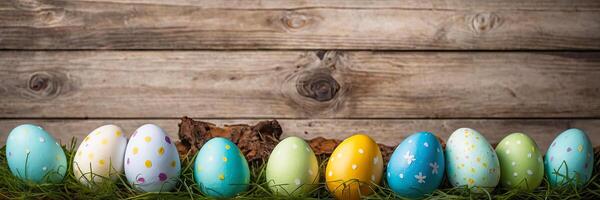 ai gegenereerd veelkleurig Pasen eieren Aan de tafel met voorjaar bloemen - Pasen banier met een ruimte voor tekst. rustiek Pasen achtergrond foto