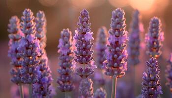 ai gegenereerd lavendel veld- Bij zonsondergang. detailopname van lavendel fabriek bloeiend onder de zon gedurende zomer. Purper bloemen van aromatisch fabriek lavendel. lavendel en zonsondergang foto