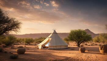 ai gegenereerd camping tent in de woestijn Bij zonsondergang. ai generatief foto