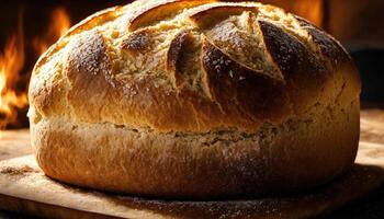 ai gegenereerd vers gebakken brood met sesam zaden Aan een houten bord. ai generatief foto