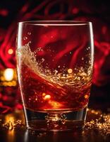 ai gegenereerd een glas van whisky met ijs en spatten. gouden sparkles achtergrond. ai generatief foto