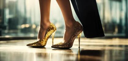 ai gegenereerd poten van een vrouw in gouden hoge hakken schoenen. ai generatief foto