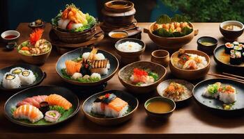 ai gegenereerd sushi broodjes met wasabi en soja saus Aan een bord. ai generatief foto