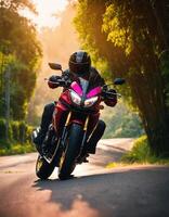 ai gegenereerd motorrijder rijden een motorfiets Aan een land weg Bij zonsondergang. ai generatief foto