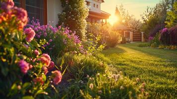 ai gegenereerd de tuin is een mooi instelling voor de zomer. foto