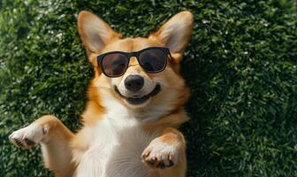 ai gegenereerd blij corgi hond met zonnebril aan het liegen Aan groen gras foto