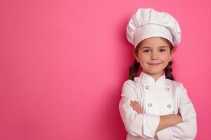 ai gegenereerd weinig meisje in chef-kok hoed poseren vol vertrouwen Aan roze achtergrond foto
