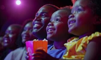 ai gegenereerd familie film nacht - boeiend momenten Bij de bioscoop foto