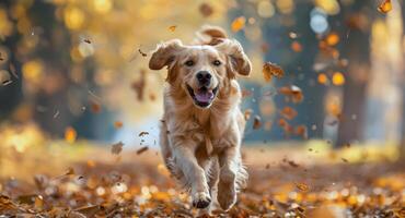 ai gegenereerd gelukkig gouden retriever spelen in herfst bladeren foto