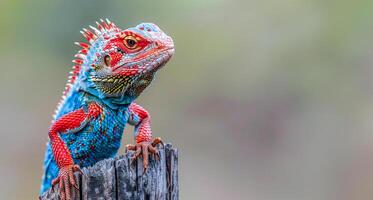 ai gegenereerd kleurrijk panter kameleon neergestreken Aan een stomp foto