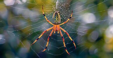 ai gegenereerd gouden bol-wever spin in haar web in de oerwoud foto