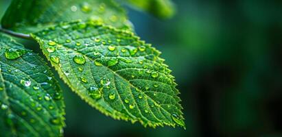 ai gegenereerd dauwdruppels Aan levendig groen bladeren in ochtend- licht foto