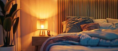 ai gegenereerd knus modern slaapkamer met bed met zacht kussens en een deken met nachtkastje elegant lamp foto