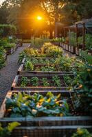 ai gegenereerd zon schijnend door bomen over- tuin foto