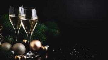 ai gegenereerd Champagne bril en Kerstmis decoraties Aan een feestelijk donker achtergrond foto