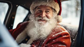 ai gegenereerd de kerstman claus Leuk vinden snel bestuurder in auto interieur Aan winter foto