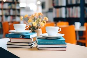 ai gegenereerd koffie cups en boeken in cafe foto