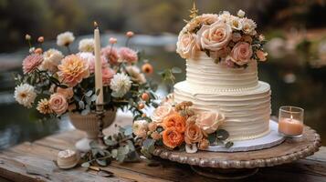 ai gegenereerd elegant bruiloft taart versierd met bloemen foto