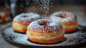 ai gegenereerd houten tafel met gepoederd suiker donuts foto