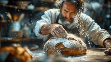 ai gegenereerd bakker sprenkeling suiker Aan een brood van brood foto