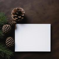 ai gegenereerd Kerstmis pijnboom kegels met blanco wit kaart foto
