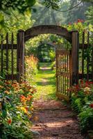 ai gegenereerd bloeiend tuin met houten poort foto