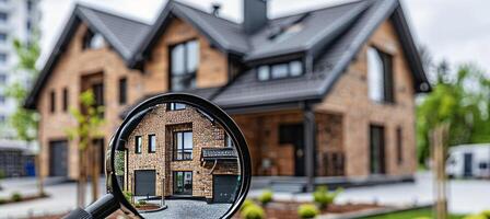 ai gegenereerd huis model- ontdekt door vergroten glas, symboliseert exploratie in echt landgoed foto